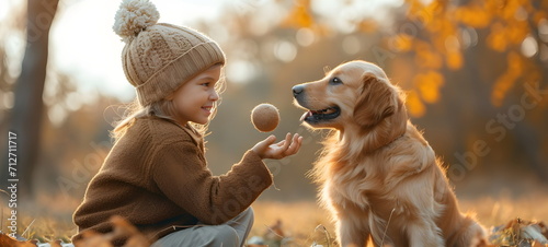 A girl plays with a golden retriever in the autumn forest.