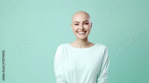 Headshot portrait of happy emotional bald girl on a mint background