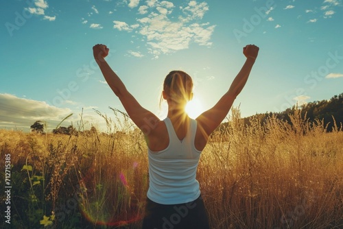 Widok z tyłu silnie zmotywowanej kobiety świętuje cele treningowe w kierunku słońca. Sukces zdrowego treningu rano.
