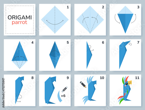 Macaw parrot origami scheme tutorial moving model. Origami for kids. Step by step how to make a cute origami bird. Vector illustration.