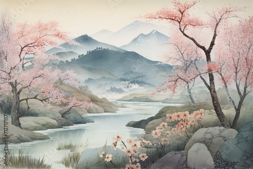 A scenic view featuring mountains, a river, and cherry blossom trees depicted in a watercolor painting. Generative AI
