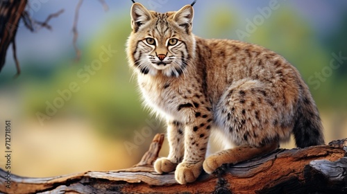 Beautiful bobcat resting on tree branch, stunning wildlife photography image