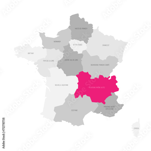 Auvergne-Rhone-Alpes - map of administrative division, region, pink highlighted in map of France