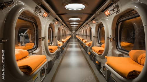 Modern capsule hotel interior with functional design, cozy sleeping pods, urban concept.