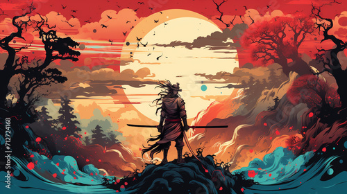 Samurai composition cartoon designed on sunlight background graphic vector splash smoke rainbow background , Generate AI
