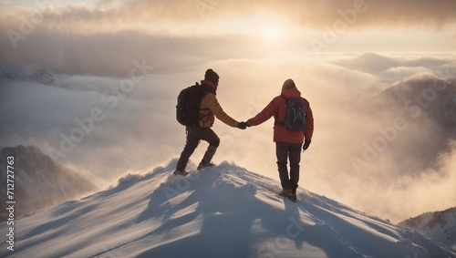 People Standing on Snow Covered Mountain Summit in Winter. Generative AI.