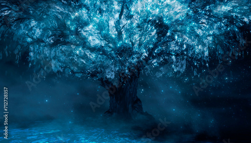Fantasy night landscape with magical old tree, neon landscape.