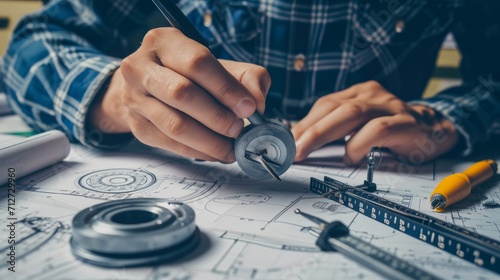 Engineer technician designing drawings mechanical parts engineering Engine manufacturing factory Industry Industrial work project blueprints measuring bearings caliper tools