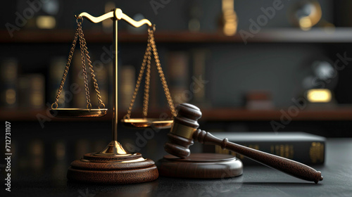 Wooden gavel and scales of justice on a lawyer's desk, depicting the concept of law and order.