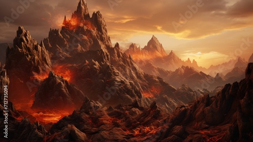 A rocky mountain ridge at sunset, with the sun creating a fiery sky and casting warm tones on the rugged surfaces -Generative Ai