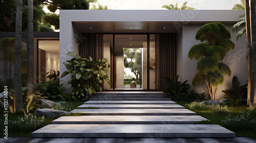  A stylish entrance to a modern house with a well-manicured garden, clean lines, and a unique architectural design. The outdoor space sets the tone for the modern aesthetic carried throughout the enti