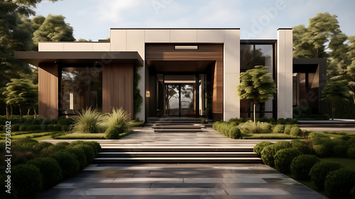  A stylish entrance to a modern house with a well-manicured garden, clean lines, and a unique architectural design. The outdoor space sets the tone for the modern aesthetic carried throughout the enti