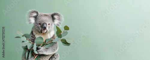 cute koala holds out an eucalyptus isolated on light pastel green background with copy space