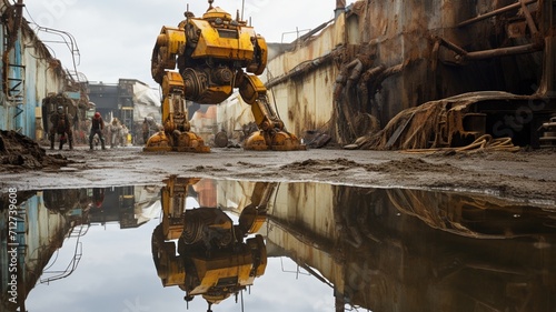 A saddened robot, weathered and worn, gazing at its own reflection in a pool of rainwater amidst the ruins of a factory -Generative Ai