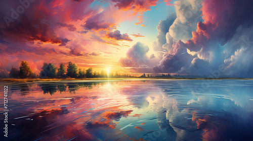 Spectral Clouds. Escape to Reality series. Arrangement of surreal sunset sunrise colors and textures on the subject of landscape painting , Generate AI