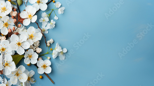 spring background; fresh flowers on blue background , Generate AI