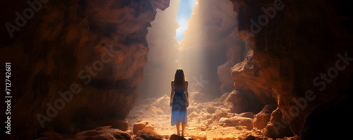 Woman in deep cave holding hands to the light