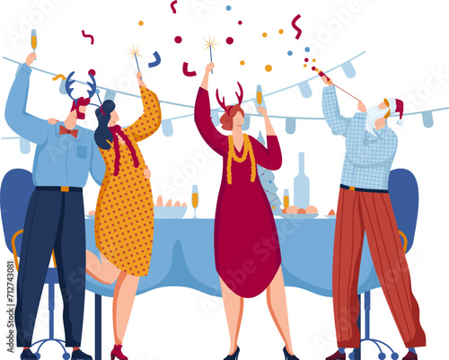 Three people celebrating New Year's Eve with sparklers and fancy dresses. They are toasting with champagne and wearing party hats. Celebration time and cheerful holiday party vector illustration.