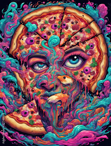 Psychedelic Mescaline Journey - Close-up illustration of a fox and a pizza in a vivid and surreal trip Gen AI