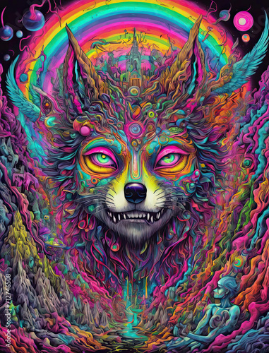 Psychedelic Trip - Close-up illustration of an angel, wolf, and demon in a mescaline-induced journey with vivid visual distortions Gen AI