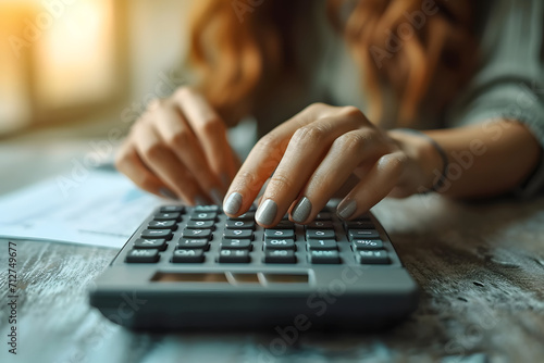 close up on finger hand press on calculator for computing,working woman concept