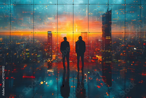 business successful people double exposure with highrise modern city office building business people standing together success agreement and working together