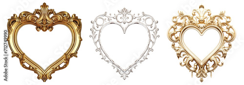 Vintage heart shaped frame, set of beautiful frames Isolated cutout on transparent background.