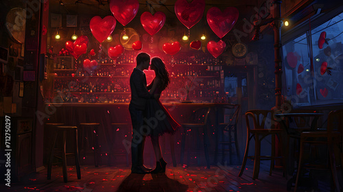 A couple's passionate embrace amid the vibrant atmosphere of a crowded bar, their clothing and bodies swaying in sync with the pulsating beat of the music