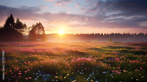 spring meadow in the morning at sunrise