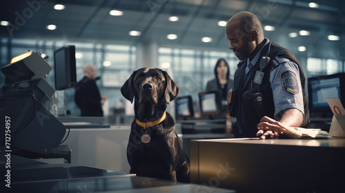 Airport security sniffer dog, with blurred immigration desks in the background