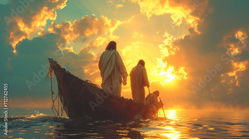 Jesus with his disciples in a boat, sailing on the sea