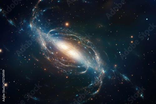 A shot of a distant galaxy, with its spiral arms stretching out into the infinite darkness of space