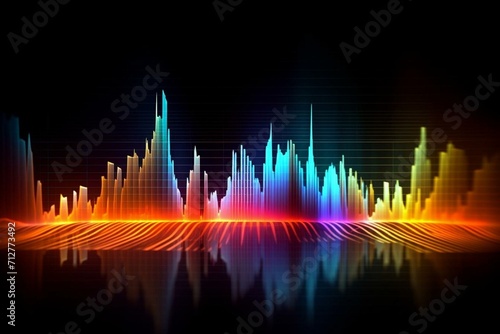 Waveform representing sound equalizer and music sound spectrum on a soundtrack background. Generative AI