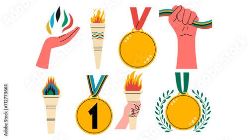 Sports set of awards and torches. Vector illustration in flat style. 