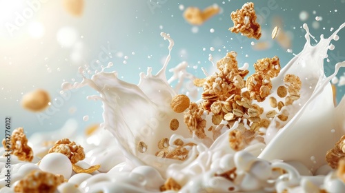 Cereals, granola or muesli breakfast with milk splashes. Breakfast food background