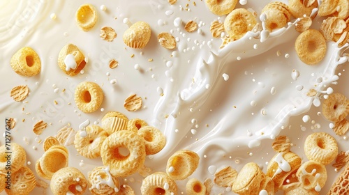Cereals, granola or muesli breakfast with milk splashes. Breakfast food background