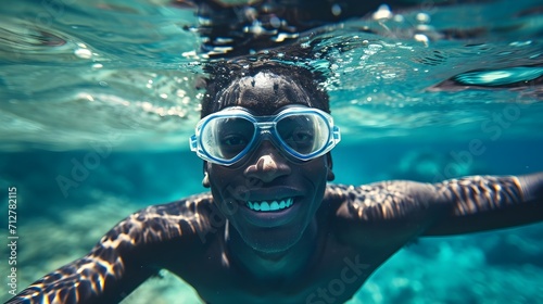 River underwater portrait of a smiling young black male wearing swimming goggles, generative AI, background image