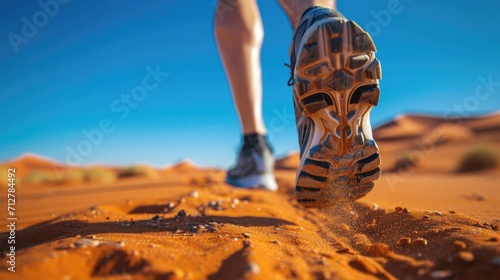 runner's shoes on a desert trail, with sandy dunes generative ai