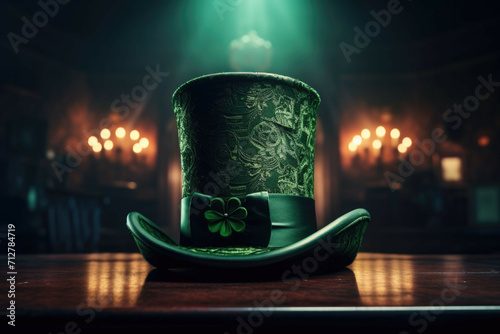 A green top hat with a shamrock on the brim, representing the Irish culture and traditions on St. Patrick's Day