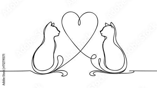 One line continuous cats and heart symbol. Line art love banner concept. Hand drawn, outline vector illustration