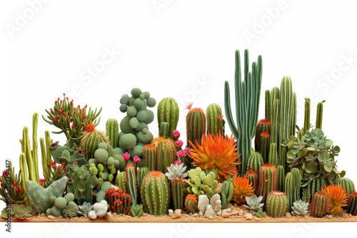 A cactus garden with a variety of succulents, cacti, and other desert plants, isolated on white background