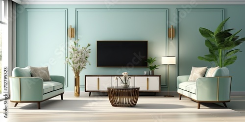 Art Deco style luxury living room interior in mint colors with a sofa, two armchairs, coffee table, TV unit, console, and floor lamp - .