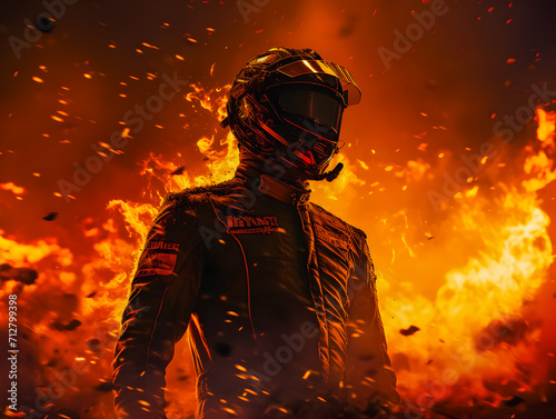 Driver Formula 1 car. F1 pilot in flames after leaving the burning race car. Generative AI