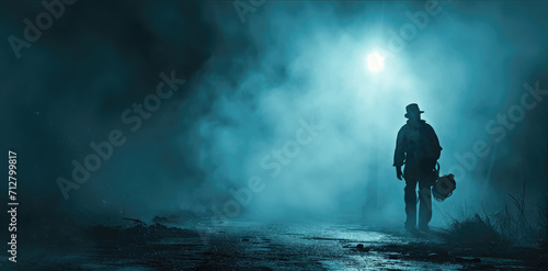 Silhouetted person with a chainsaw standing under a bright moon in a foggy night
