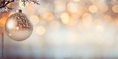 Gleaming ball on white tree with bokeh lights. Festive winter wallpaper.