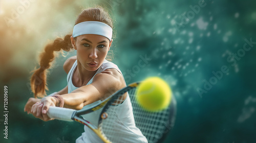 Tennis woman player hitting a forehand shot. Ball in the air, racket reaching out, powerful sport moment with copy space.