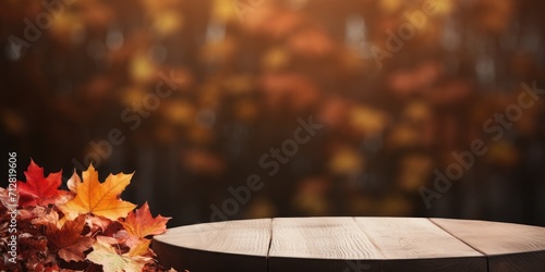 Table in front of autumn background. Ready for product display.