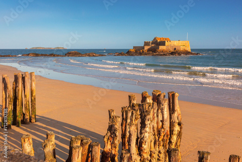 Fort National and beach in beautiful walled port city of Saint-Malo, Brittany, France