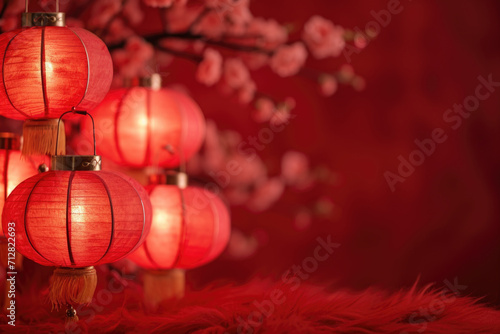 Chinese new year lanterns on red background with bokeh lights