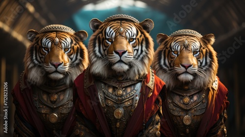three tigers on circus show.